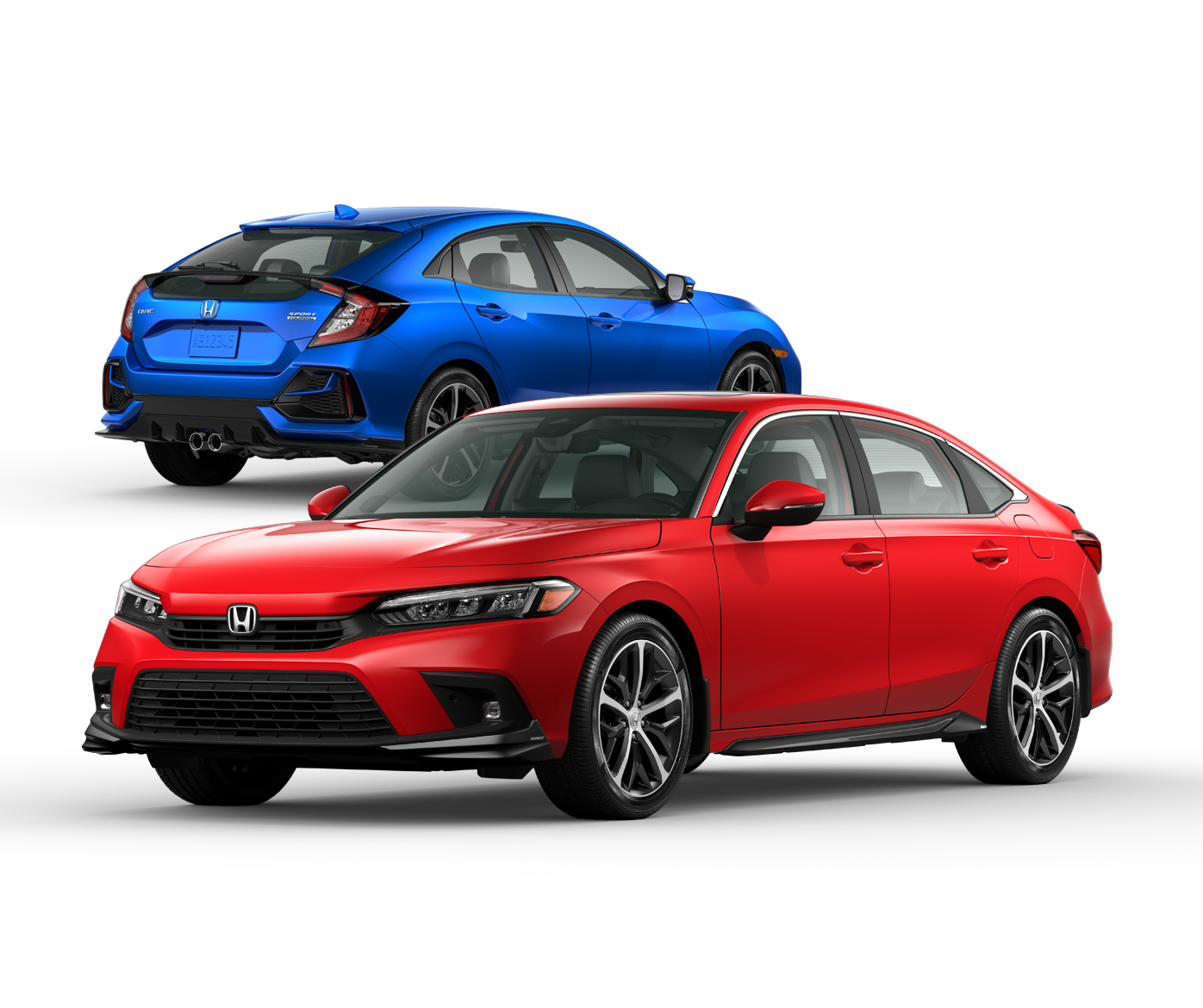2020 Honda Civic Si Sedan in Aegean Blue Metallic and 2020 Honda Civic Si Coupe in Rallye Red